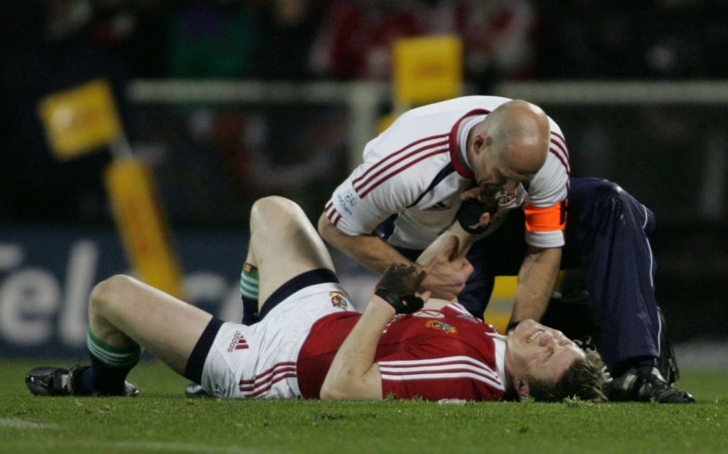 Brian O'Driscoll lies injured during the 1st test match between the All Blacks and the British and Irish Lions 2005.