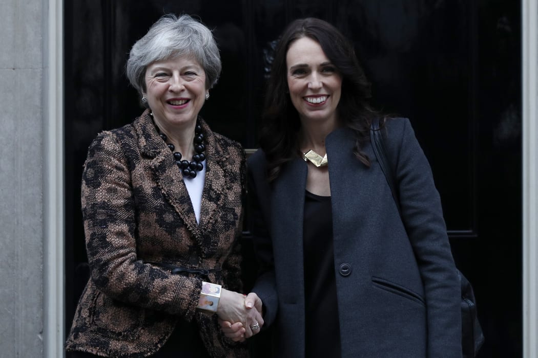 British Prime Minister Theresa May greets Prime Minister Jacinda Ardern outside 10 Downing Street.