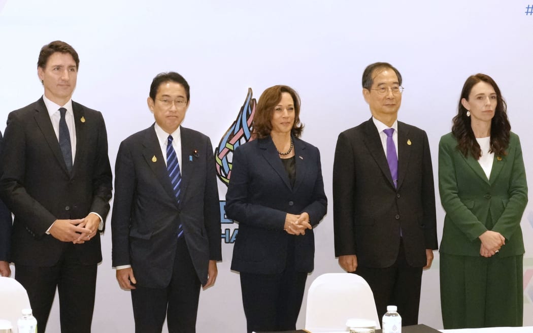 Australia's Prime Minister Anthony Norman Albanese, Canada’s Prime Minister Justin Trudeau, Japan’s Fumio Kishida, U.S. Vice President Kamala Harris, South Korean Prime Minister Han Duck-soo, and New Zealand's Prime Minister Jacinda Kate Laurell Ardern, attend a meeting in Bangkok, Thailand on November 18, 2022. ( The Yomiuri Shimbun ) (Photo by Pool for Yomiuri / Yomiuri / The Yomiuri Shimbun via AFP)