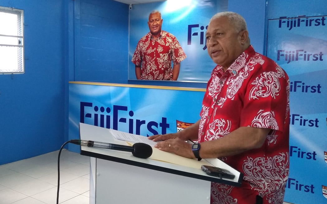 Fiji's Prime Minister Frank Bainimarama announcing the candidates standing for his FijiFirst party in the 2018 election