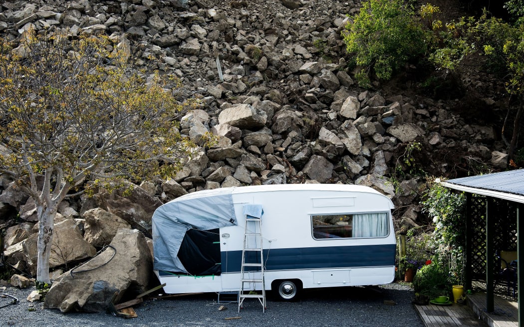A caravan emerged relatively unscathed from a rock fall caused by the November 14 earthquake, south of Kaikoura.