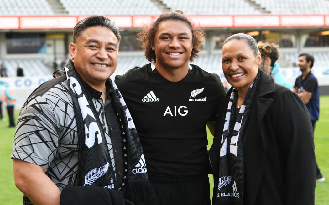Caleb Clarke with parents Eroni and Siala after the second Bledisloe Cup rugby test Auckland 2020.