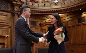 James Shaw and Jacinda Ardern seal the deal with a handshake