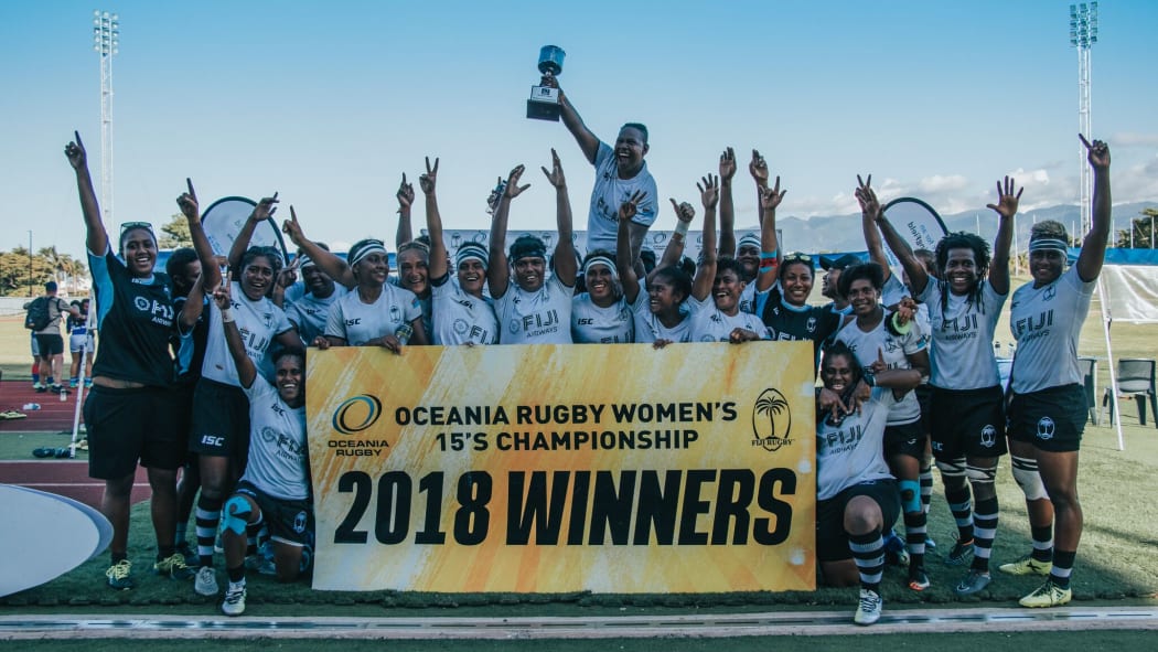 The Fijiana 15s celebrate winning the Oceania Rugby Women's Championship.