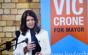 Vic Crone speaks at her mayoral campaign launch.