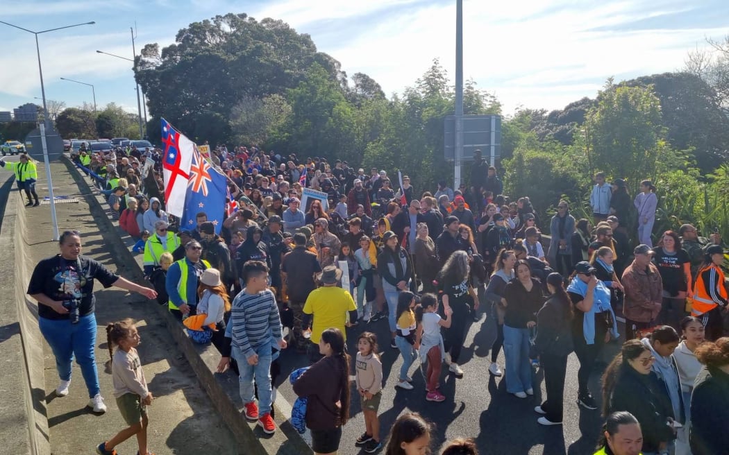 Anti-government protesters move out onto the Southern Motorway in Auckland.