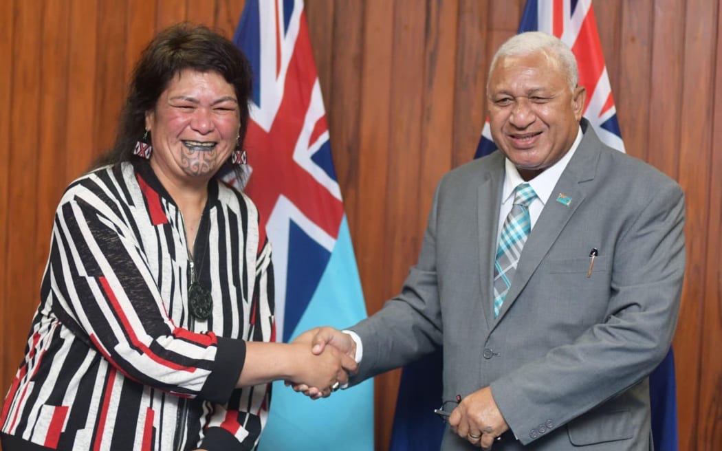 New Zealand's Foreign Minister, Nanaia Mahuta and Fiji's Prime Minister, Frank Bainimarama in Suva, March 30, 2022.