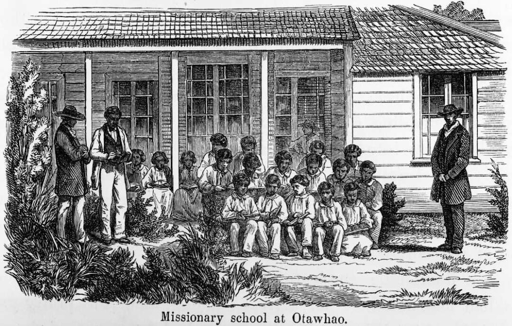 Wood engraving showing a group outside a missionary school at Otawhao