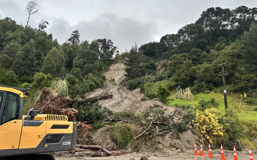 A large slip on Valley Road in Whakatāne following heavy rain on 3 May, 2023.