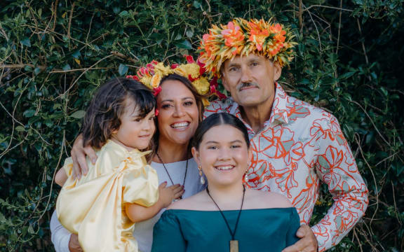 Actor Miriama McDowell pictured with husband Rau Hoskins and daughters, Hero (left) and Talanoa.