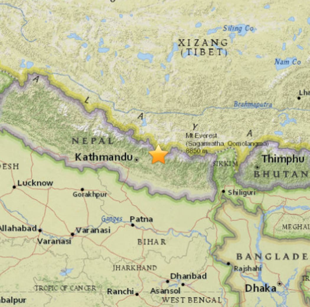 The epicentre of the 7.4 Nepal quake in relation to Kathmandu and Mt Everest.