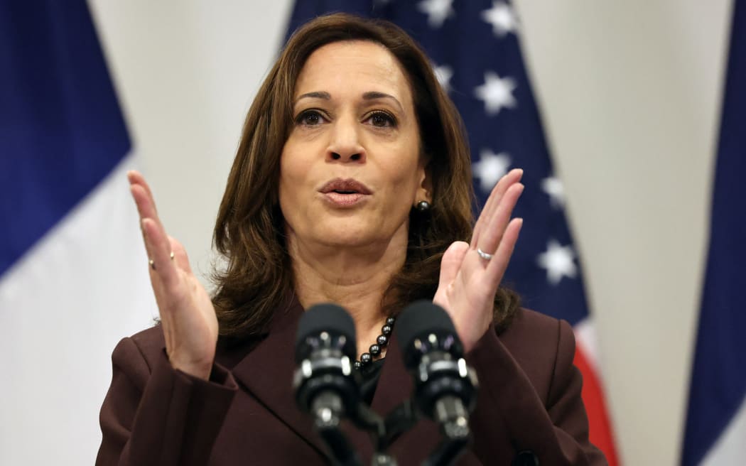 US Vice-President Kamala Harris gives a press conference in Paris on November 12, 2021. (Photo by Thomas COEX / POOL / AFP)