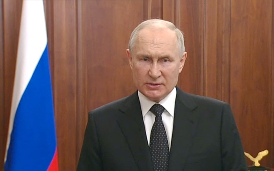 This screen grab taken from a footage released by the Russian presidential press office on June 24, 2023 shows Russian President Vladimir Putin making a statement in Moscow. President Vladimir Putin addresses the nation, the Kremlin said on June 24, 2023, as Russia faced a rebellion by the Wagner mercenary group that has vowed to topple Moscow's military leadership. (Photo by Handout / RUSSIAN PRESIDENTIAL PRESS OFFICE / AFP) / RESTRICTED TO EDITORIAL USE - MANDATORY CREDIT "AFP PHOTO / HANDOUT / RUSSIAN PRESIDENTIAL PRESS OFFICE" - NO MARKETING NO ADVERTISING CAMPAIGNS - DISTRIBUTED AS A SERVICE TO CLIENTS