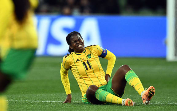 Jamaican captain Khadija Shaw seen grimacing in pain during the FIFA Women's Football World Cup 2023.