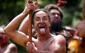 A haka on Parliament grounds during the presentation of petition to have the Land Wars recognised.