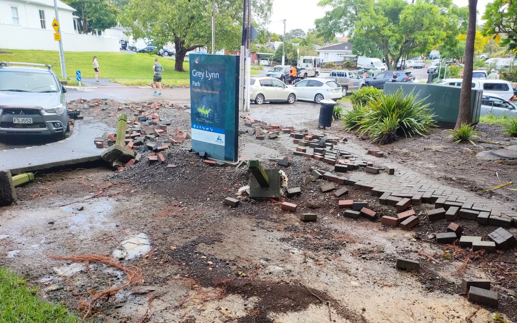 Grey Lynn Park's pavement was also damaged by the severe thunderstorm in Auckland.
