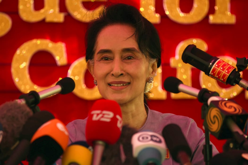 Myanmar opposition leader Aung San Suu Kyi and head of the National League for Democracy (NLD) speaks at a press conference from her residential compound in Yangon