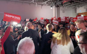 Prime Minister Chris Hipkins, centre, greets supporters at the Labour congress, Sunday 28 May.