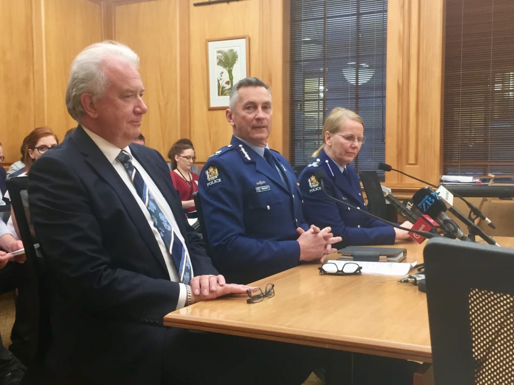 Police Commissioner Mike Bush, with assistant commissioner Sandra Venables and chief financial officer and deputy chief executive John Bole at the Justice Select Committee.