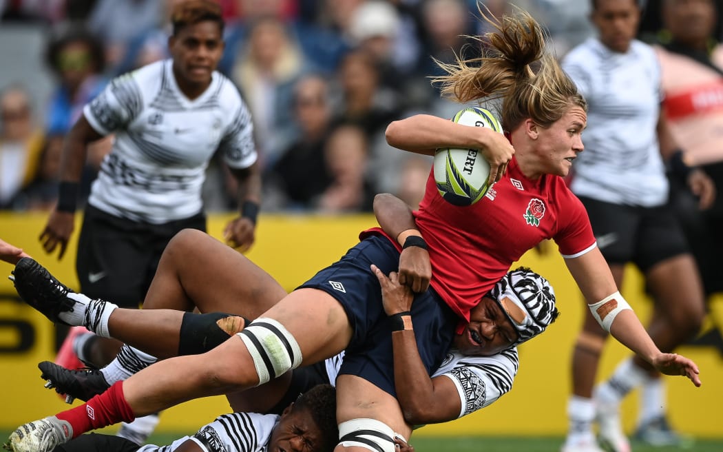 Zoe Aldcroft of England in action against Fiji in the Women’s Rugby World Cup pool match at Eden Park.