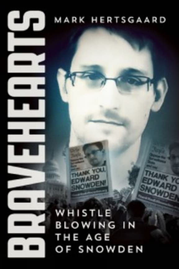 The front cover of Mark Hertsgaard's book Bravehearts: Whistle Blowing In The Age Of Snowden. It features a large photo of Edward Snowden