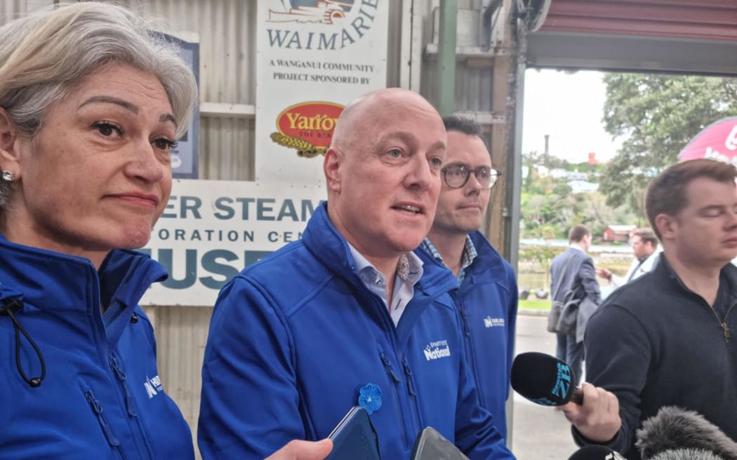 National leader Christopher Luxon talking to reporters during a media stand-up in Whanganui on 7 October 2023.