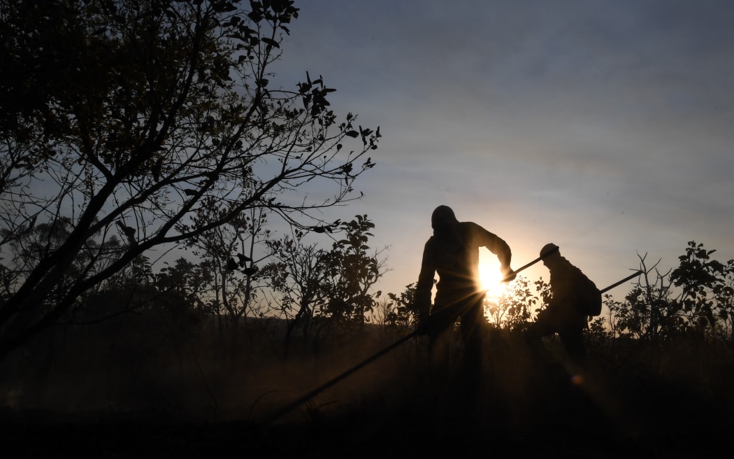 image de fichier.  Des volontaires travaillent pour éteindre un incendie de forêt dans la zone nord du parc national de Brasília (PNB), à Brasilia le 30 août 2017. Le PNB s'étend sur 42 000 hectares au milieu de la zone urbaine de Brasília, où il n'a pas plu dans 100 jours.