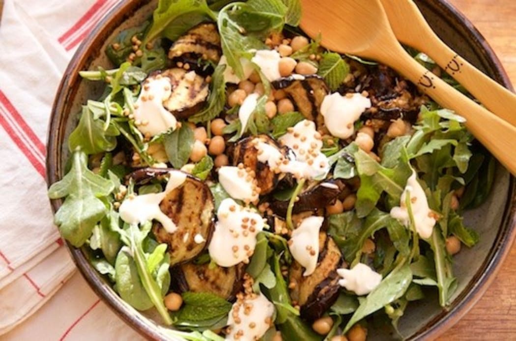Grilled Aubergine and Chickpea Salad with Whipped Feta and Crispy Buckwheat