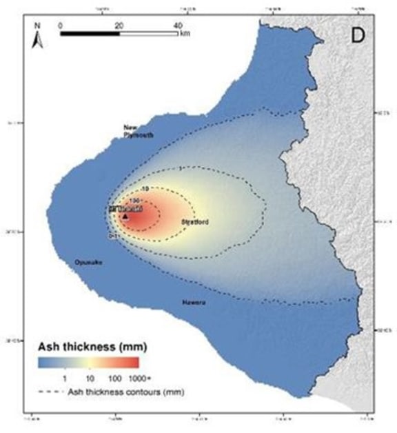 Hazard footprint for an ash fall scenario from Mt. Taranaki. (Wild et al. 2019)