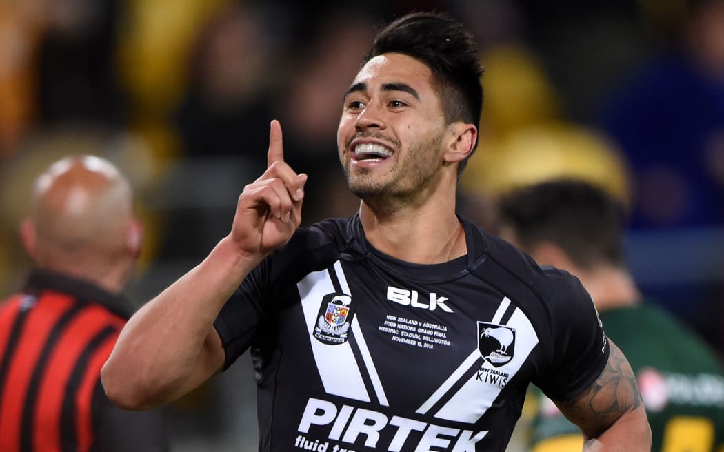 Shaun Johnson celebrates his try in the Rugby Four Nations Final between New Zealand Kiwis v Australia Kangaroos.  2014.