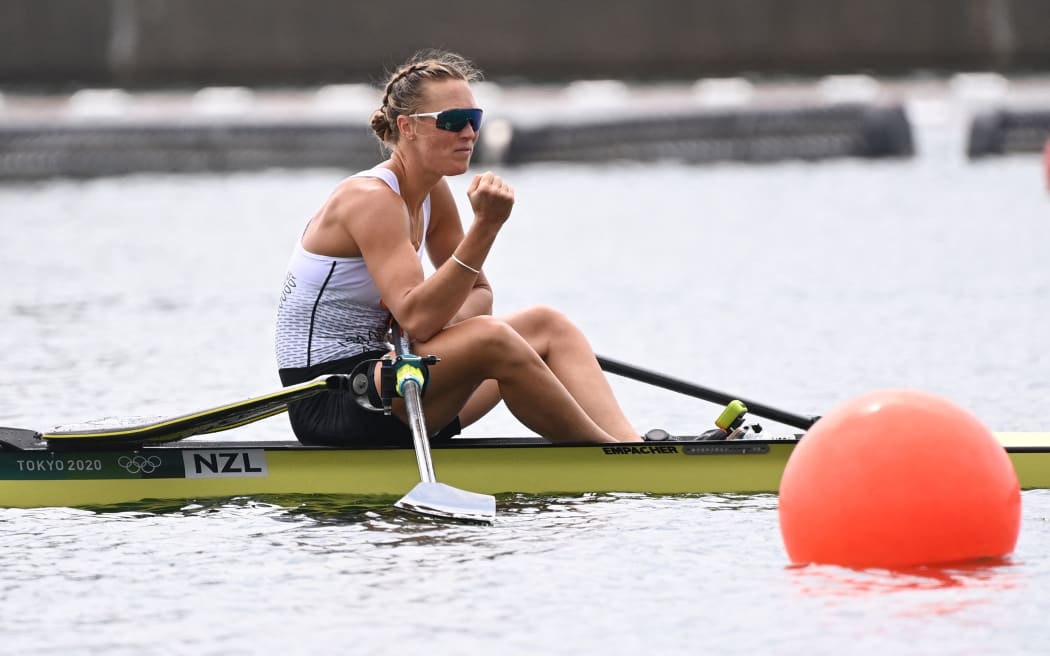 New Zealand's Emma Twigg reacts after winning the gold meda