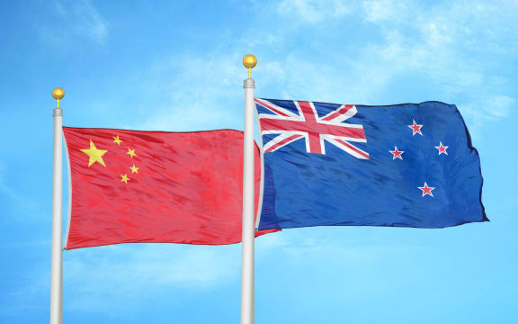 China and New Zealand two flags on flagpoles and blue cloudy sky background