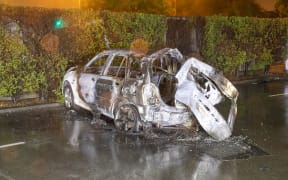 The remains of the car which burst into flames after a crash that claimed three lives, following a police pursuit in central Christchurch.