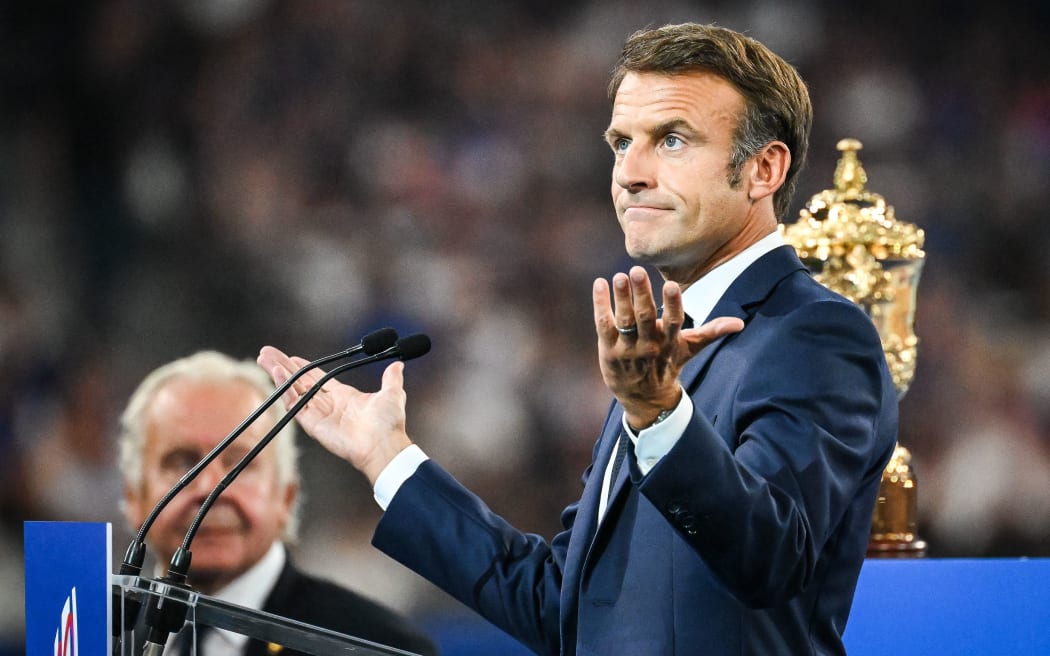 法國總統埃馬紐埃爾·馬克龍(Emmanuel MACRON) 在2023 年世界杯期間，2023 年9 月8 日法國與新西蘭之間的橄欖球聯盟比賽在法國巴黎附近的聖但尼法蘭西體育場舉行- 照片Matthieu Mirville / DPPI （照片由Matthieu Mirville / Matthieu 拍攝）米爾維爾/DPPI，法新社）