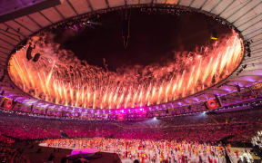 Opening of the Rio 2016 Olympics. Fireworks during the opening of the Rio 2016 Olympics held in the Maracana Stadium.