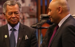 The Prime Minister of the Cook Islands, Henry Puna (left), and the New Zealand minister for Pacific People's, Peseta Sam Lotu-Iiga announce the Cook Islands candidacy for UNESCO in Wellington.