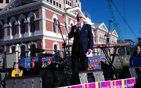 Mayor Bob Parker welcomes the public back to Cathedral Square.