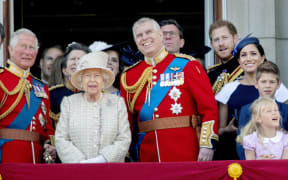 Queen Elizabeth II,  Prince Charles 
Prince Harry and Meghan, Duchess of Sussex 
Prince Andrew, Duke of York
at the balcony of Buckingham Palace in London, on June 08, 2019, after attending Trooping the Colour at the Horse Guards Parade, the Queens birthday parade
|