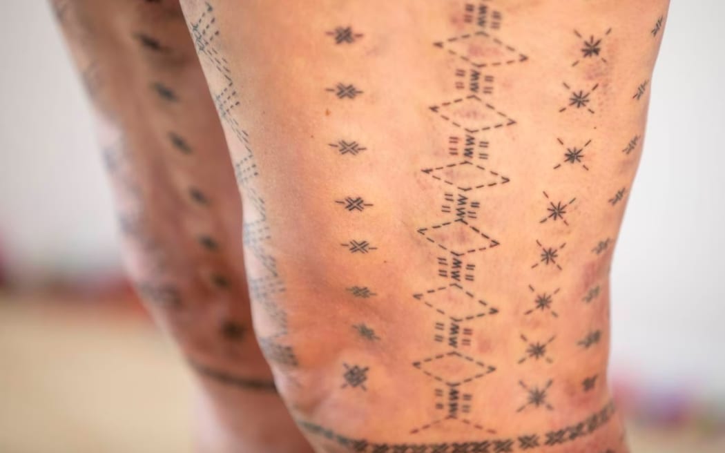 A close-up of some of the intricate designs of Deputy Prime Minister Carmel Sepuloni's traditional Samoan tatau reserved only for women: the malu.