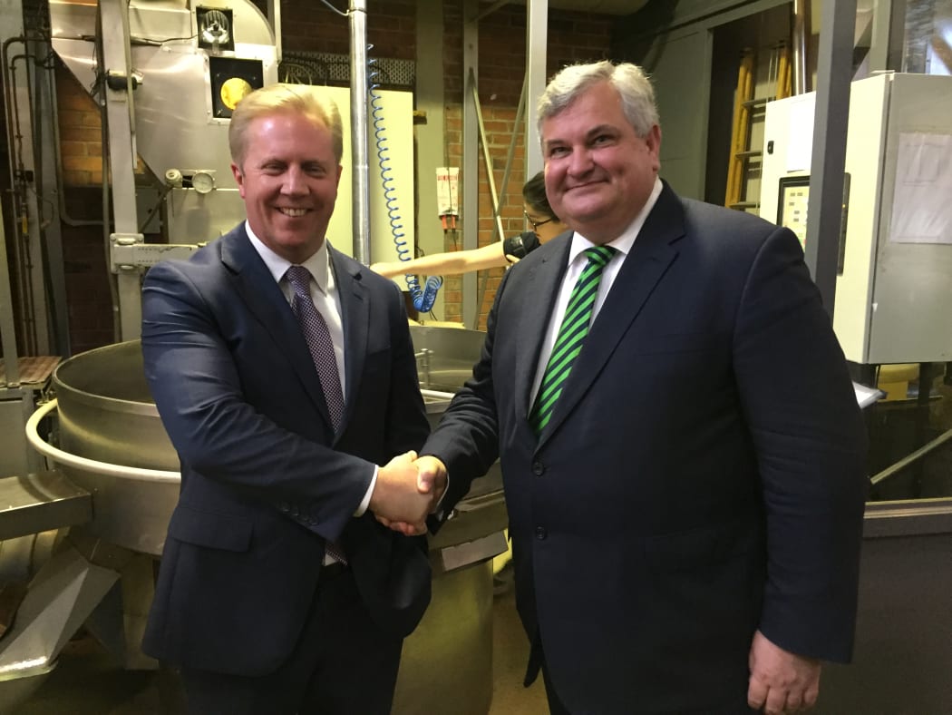 Trade Minister Todd McClay (left) and the British Trade Minister, Lord Price, met for talks in the offices of Allpress Coffee in Auckland.