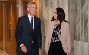 New Zealand Prime Minister Jacinda Ardern (R) meets with NATO Secretary General Jens Stoltenberg at Parliament in Wellington.
