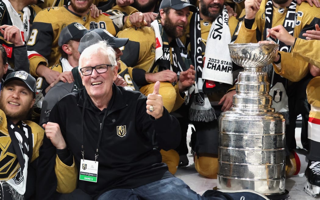 LAS VEGAS, NEVADA - JUNE 13: Bill Foley of the Vegas Golden Knights celebrates the Stanley Cup victory over the Florida Panthers in Game Five of the 2023 NHL Stanley Cup Final at T-Mobile Arena on June 13, 2023 in Las Vegas, Nevada.   Bruce Bennett/Getty Images/AFP (Photo by BRUCE BENNETT / GETTY IMAGES NORTH AMERICA / Getty Images via AFP)
