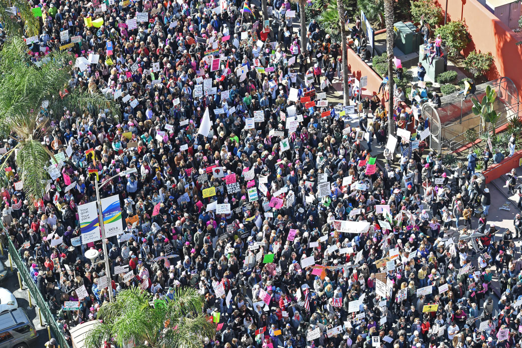 Protesters march in Los Angeles during the Women's March on January 21, 2017.