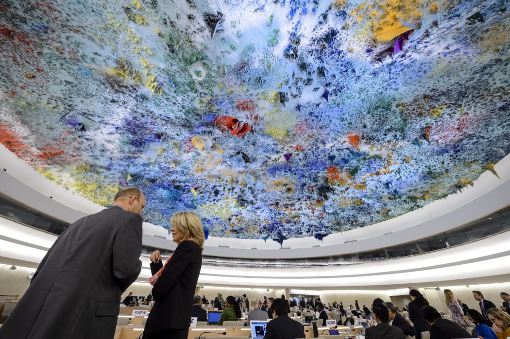 Delegates speaks prior to the opening of a session of the Human Rights Council on the Palestinian territories situation on March 23, 2015 in Geneva. (redownloaded 21/12/18)