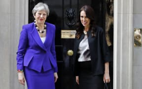 Britain's Prime Minister Theresa May and New Zealand Prime Minister Jacinda Ardern outside 10 Downing Street, before a bilateral meeting.