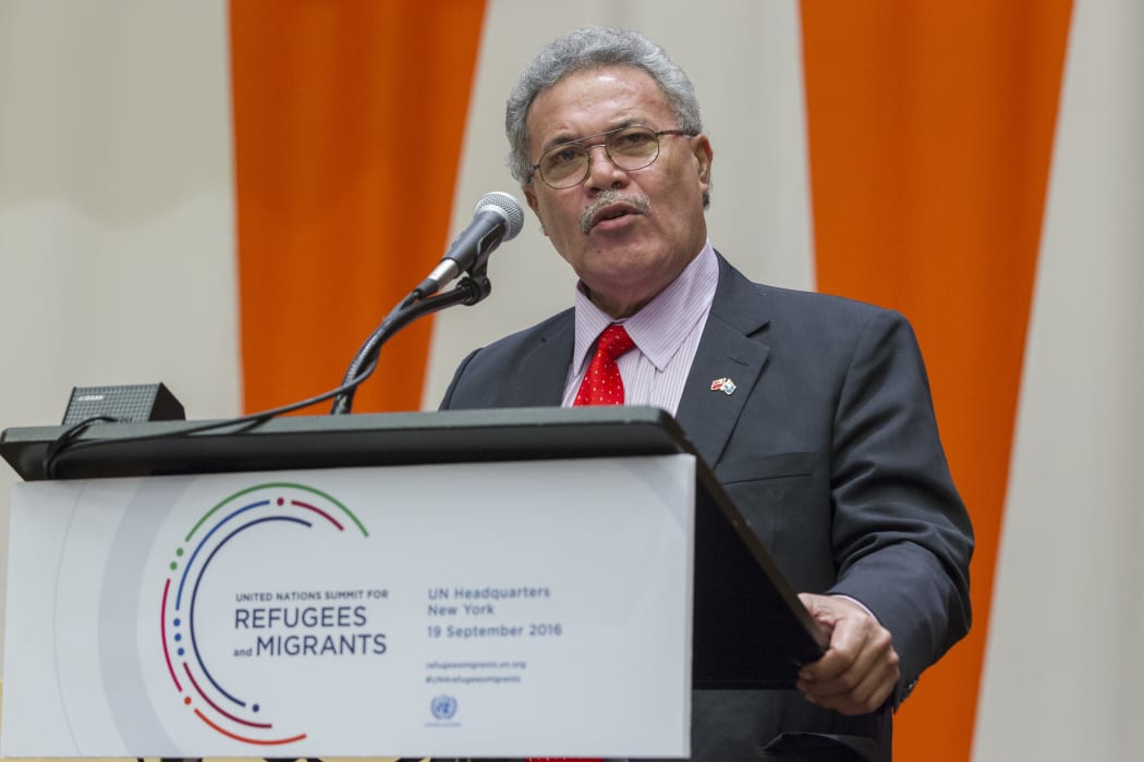 Enele Sosene Sopoaga, Prime Minister and Minister for Public Utilities of Tuvalu, addresses the United Nations high-level summit on large movements of refugees and migrants.  Sep 2016