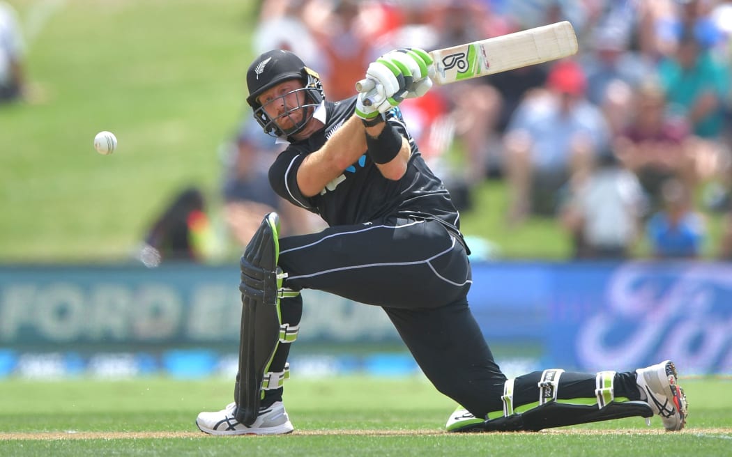 Black Cap Martin Guptill plays a shot during the first ODI cricket match between New Zealand and Sri Lanka.