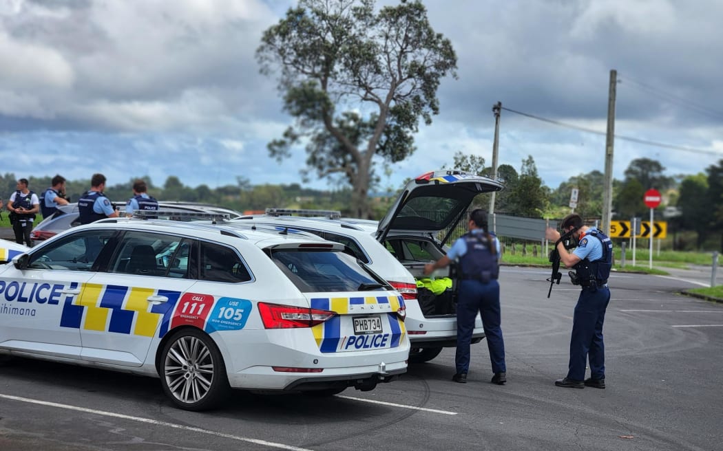 More than 20 armed police and a dozen cars converged on Massey Domain in west Auckland.