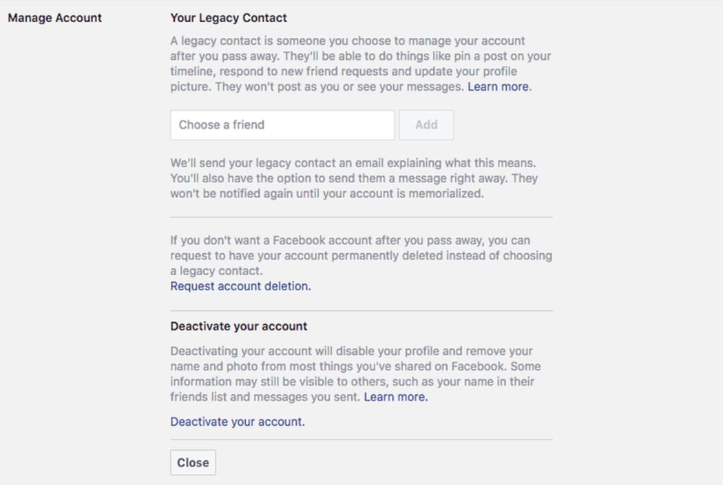Adding a "legacy contact" on Facebook.