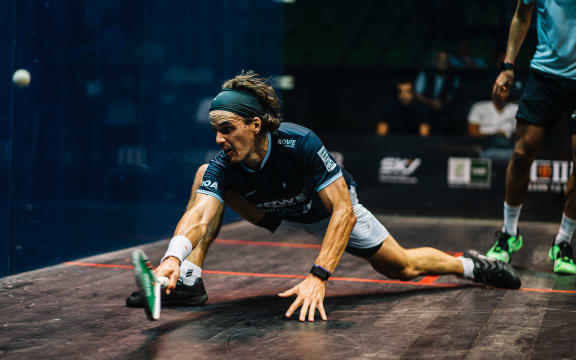 Paul Coll in action at the 2020 Egyptian Squash Open.